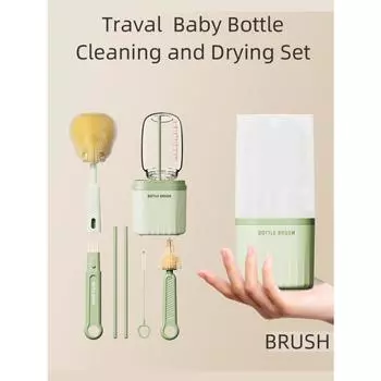 Travel Baby Bottle Brush Set with Portable Silicone Bottle Brush, Nipple Cleaner Brush, Straw Brush, and Bottle Drying Rack розовый
