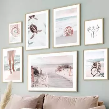 Travel Beach Wall Art Canvas Painting Summer Pink Sunny Bridge Conch Line Girl Posters And Prints Wall Picture For Living Room 21cm30cm NoFrame