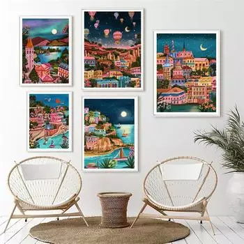 Путешествия Города Чешская Республика Прага Швейцария Италия Настенная живопись Холст Картина Плакат Лунный свет Печать для гостиной Домашний декор 21x30cm No Framed белый