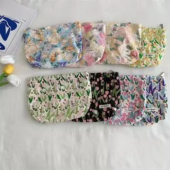 Travel Cosmetic Bag Flower Print Makeup Case Women Zipper Hand Holding Make Up Phone Organizer Storage Pouch Toiletry Wash Bags