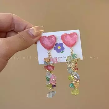 Travel Notes! Mint Flower Beaded Tassel Earrings Female Seaside Vacation Dopamine Earrings Suitable for Summer Earrings Heart gravel tassel earrings (Silver Needle)