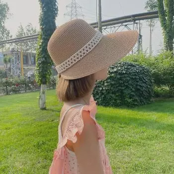 Travel vacation beach hat women s summer fashion sunscreen hat pearl straw hat show your face M56-58cm бежевый