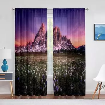 Трава Цветочное Поле Горный Пейзаж Природа Тюлевые Шторы для Гостиной Шифоновая Прозрачная Вуаль Кухня Спальня Шторы Портьеры 1 PCS W100XH250cm&Rod Pocket