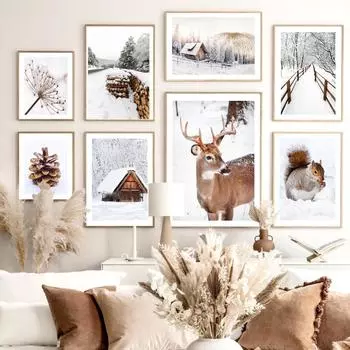Трава Reed Deer Cedar Wall Art Холст Картина Деревенская дорога Зимний лес Плакаты с принтами Картинки Живой Рождественский домашний декор без рамки 21*30cm
