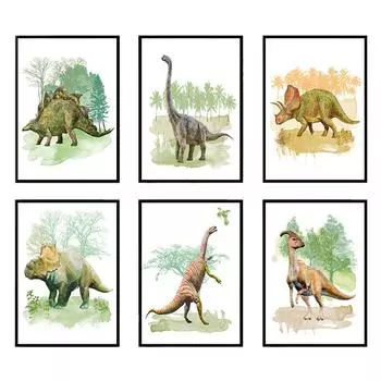 Травоядные динозавры картины на холсте акварельное искусство доисторическое искусство рептилий постер динозавр настенный декор детская печать искусство без рамки 21*30cm No Frame