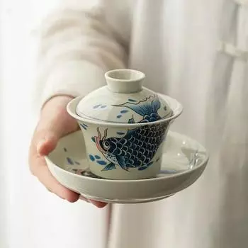 Травяная и деревянная серая Arowana Sancai Gaiwan, чашка для чая, антиожоговая с крышкой, чайный сервиз Kung Fu, одинарная высококачественная бытовая керамическая чаша 130ml