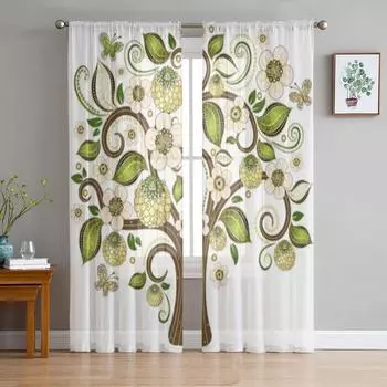Дерево Белые Зеленые Листья Роскошные Шифоновые Прозрачные Шторы для Гостиной Спальни Украшения Окна Вуали Тюль Шторы 135W x 114H(cm)