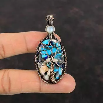 Tree Of Life Copper Blue Turquoise Pendant Copper Wire Wrapped Rainbow Moonstone Pendant Handmade Gemstone Jewelry Copper Pendant For Gift