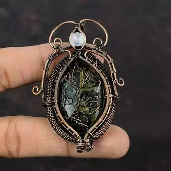Tree Of Life Copper Seraphinite Pendant Copper Wire Wrapped Gemstone Pendant Rainbow Moonstone Pendant Handmade Copper Jewelry Gift For Wife
