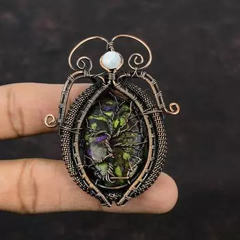 Подвеска из меди «Дерево жизни» со стихтитом Подвеска из медной проволоки, медные украшения Подвеска из радужного лунного камня Подвеска из натурального драгоценного камня ручной работы