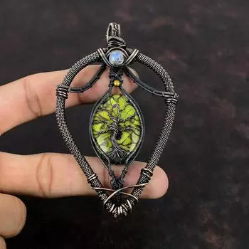 Подвеска из меди «Дерево жизни» со стихтитом, подвеска из медной проволоки, ювелирное изделие ручной работы, кулон с радужным лунным камнем, подарок для мамы, ювелирные изделия из драгоценных камней