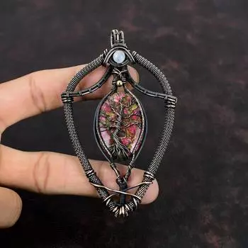 Древо жизни Медный кулон Тулит Медная проволока Обернутая радужным лунным камнем подвеска ручной работы Медная проволока Драгоценный камень ювелирные изделия Подарок для мамы