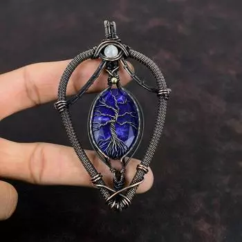 Кулон с граненым синим сапфиром «Дерево жизни», обернутый медной проволокой, ювелирное изделие ручной работы, подвеска из драгоценного камня «Радужный лунный камень», обернутая медной проволокой