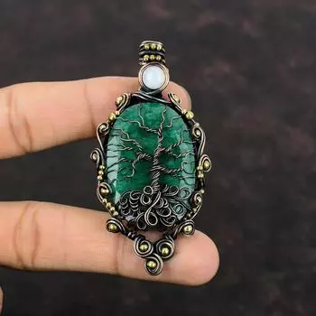 Кулон с ограненным замбийским изумрудом «Дерево жизни», подвеска с медной проволокой, подвеска с радужным лунным камнем, ювелирное изделие ручной работы из меди, подвеска с драгоценным камнем