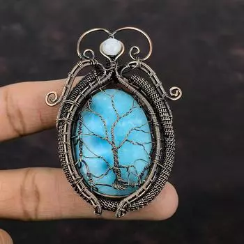 Подвеска «Дерево жизни» с ларимаром, медная проволочная обертка, подвеска с радужным лунным камнем, медные украшения для подарка, антикварные украшения ручной работы