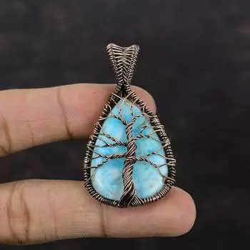 Tree Of Life Larimar Pendant Copper Wire Wrapped Jewelry Gemstone Pendant Handmade Women Jewelry Copper Wire Wrap Pendant Birthstone Pendant