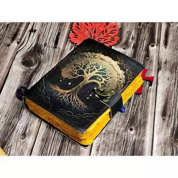 Tree of Life Leather Journal - Antique Handmade Deckle Edge Paper Leather Print Bound Journal - Book of Shadows for Men Women 7 x 5 in