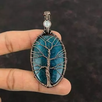 Tree Of Life Neon Apatite Pendant Copper Wire Wrapped Pendant Handmade Unique Pendant Rainbow Moonstone Pendant Gemstone Copper Wire Jewelry