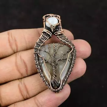 Древо жизни Агат с перьями, медная проволока, подвеска ручной работы из драгоценного камня, подвеска из радужного лунного камня, подарок для матери, ювелирные изделия из агата с перьями