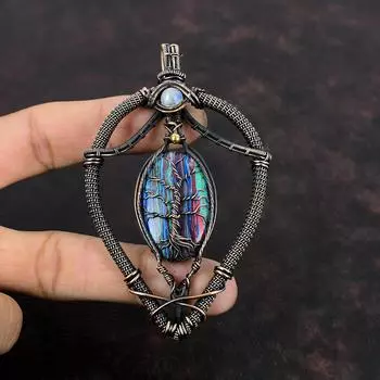 Tree Of Life Rainbow Calsilica Gemstone Pendant Copper Wire Wrapped Pendant Handmade Moonstone Pendant Unique Copper Jewelry Engagement Gift