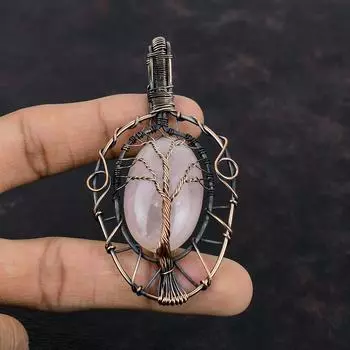 Tree Of Life Rose Quartz Pendant Copper Wire Wrapped Jewelry Rose Quartz Gemstone Jewelry Gift For Her Handmade Copper Wire Wrapped Pendant