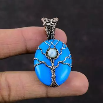 Древо жизни Спящая красавица Бирюзовый кулон Медная проволока обернутый драгоценный камень Кулон Радужный лунный камень Ювелирные изделия ручной работы из медной проволоки