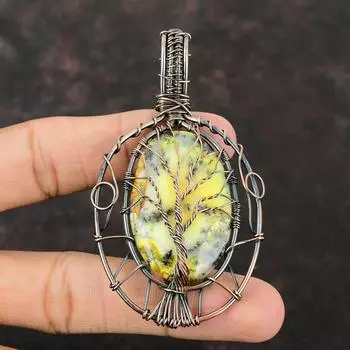 Tree Of Life Yellow Dendrite Opal Pendant Copper Wire Wrapped Gemstone Pendant Handmade Designer Jewelry Wire Wrapping Jewelry Gift For Mom