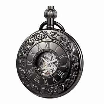 TREEWETO Классические механические карманные часы с римскими цифрами и цепочкой, черные
