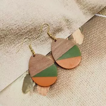Трехцветные лоскутные серьги с каплями воды из смолы и дерева