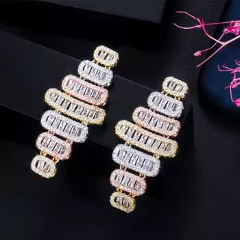 Трехцветные серьги-гвоздики золотого цвета WWJ высшего качества с кубическим цирконием разноцветный