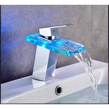 Трехцветный светодиодный стеклянный смеситель с регулируемой температурой, квадратный водопадный умывальник над умывальником, смеситель для горячей и холодной воды does not include water inlet pipe чёрный