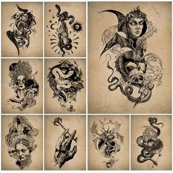 Трехголовая змея и солнце, луна, колдовство, печать плакатов, ведьма и змея, настенное украшение для дома 21cm30cm NoFrame