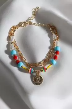 Трехкомпонентный браслет-медальон с разноцветными бусинами