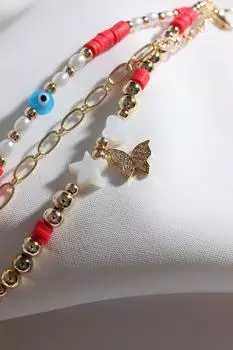 Трехкомпонентный красный браслет Fimo из бисера с подвесками-бабочками