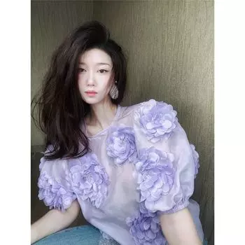 Трехмерная шелково-хлопковая рубашка свободного кроя с короткими рукавами, дизайн с цветами Purple L