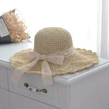 Трехмерная соломенная шляпа с кружевным бантом, связанная крючком, складная шляпа с большим краем, детская весенне-летняя пляжная шляпа от солнца M56-58cm хаки