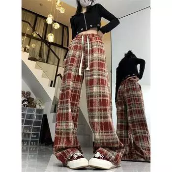[Трехмерная талия] Детские флисовые клетчатые брюки весна, осень и зима 2024 новые шерстяные брюки с высокой талией и широкими штанинами XL красный