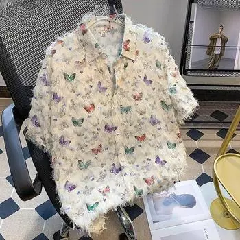 Трехмерная женская рубашка с бахромой и бабочкой, летняя свободная блузка с защитой от солнца, корейская блузка с коротким рукавом onesize