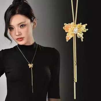 Трехмерное длинное ожерелье с завязками в виде бабочки из золотой фольги, женское регулируемое длинное ожерелье в виде бабочки из цепочки для свитера длиной 81 см, стиль ожерелья в виде бабочки