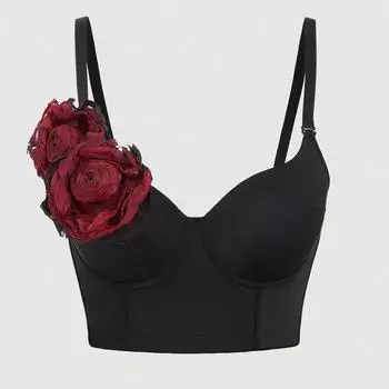 Трехмерное украшение Готический дизайн с цветком розы Майки Корсет Бюстгальтеры Push Up Укороченный топ Женский карнавал Клубная вечеринка Укороченный Dj Ds Вечер XS чёрный