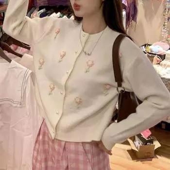 Трехмерный цветочный вязаный кардиган женский осенне-зимний новый маленький топ короткий розовый свитер куртка топ One size fits all розовый