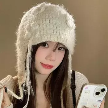 Трехмерный цветок шерстяная шапка ручной работы женская осенне-зимняя милая универсальная защитная шапка для ушей, показывающая лицо маленькая вязаная сумка голова холодная M56-58cm