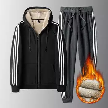 Трехполосный Плюс Бархатный Утолщенный Зимний Ягненок Бархатный Новый Мужской Свитшот Костюм-двойка Теплый Кардиган Спортивный Костюм Мужской L