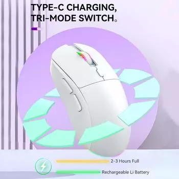 Трехрежимная игровая мышь RGB с двумя проводами BT/2.4G/USB, перезаряжаемая мышь с 6 кнопками, 4800 точек на дюйм, Bluetooth 5.3, мышь для ноутбука, планшета белый