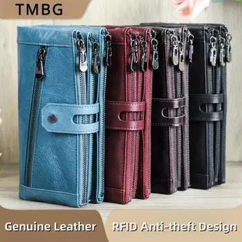 Трехслойная молния, женский длинный кошелек, старомодный женский кошелек из натуральной кожи, 3-кратный кошелек для монет, RFID, противоугонные зажимы для денег, сумка-держатель для карт, подарок для жены вино красного