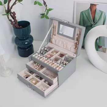 Трехслойная роскошная кожаная шкатулка для украшений с большой вместимостью для хранения ожерелий и сережек