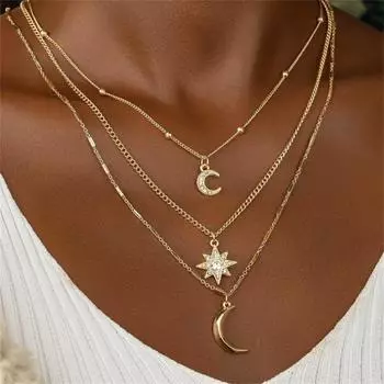 Трехслойное ожерелье с подвеской в виде звезды и луны из искусственного бриллианта, аксессуар из нежного сплава для женщин, повседневный и гламурный вечерние золотой
