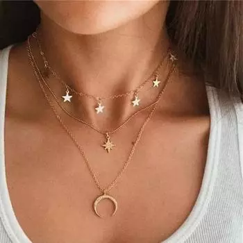 Трехслойный кулон со звездами и луной золотистый