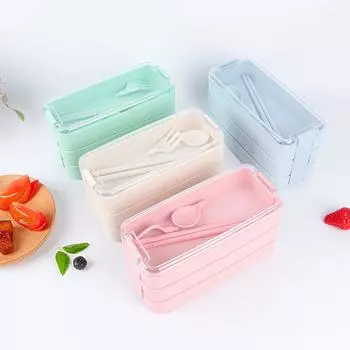 Трехслойный ланч-бокс, прямоугольный с посудой, ланч-бокс для студенческого общежития, пластиковая вилка, ложка, палочки для еды, коробка для бенто, коробка для хранения свежих продуктов розовый