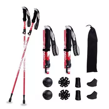 Трекинговые палки, набор из 2 шт., размер M, алюминиевые, складные, унисекс, легкие, 5-ступенчатые, телескопические, регулируемые, для скалолазания, для ходьбы красный